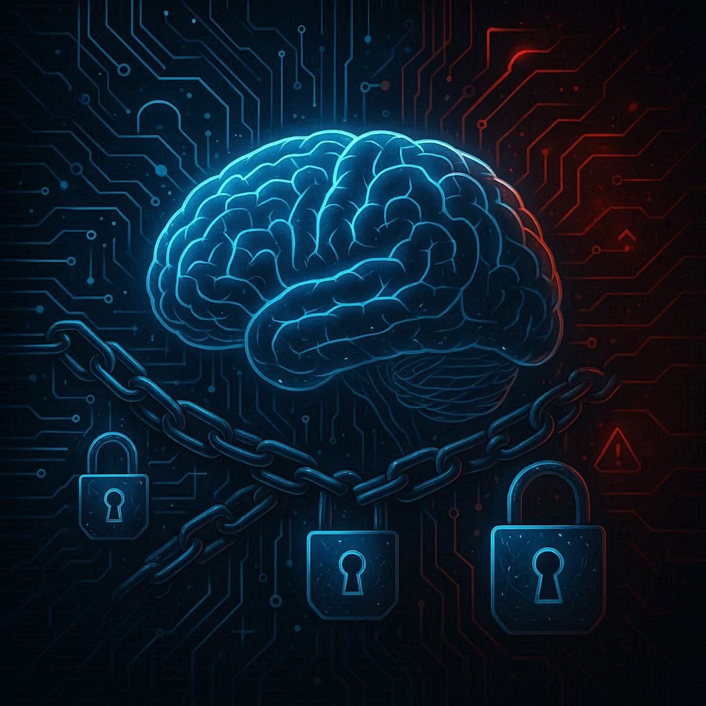 Futuristic brain connected to digital circuits with locks and chains, symbolizing cognitive privacy risks in brain-computer interfaces.