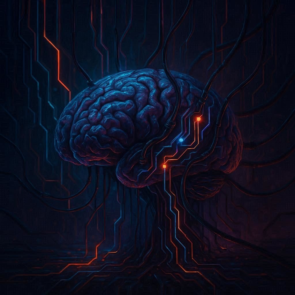 A futuristic illustration of a human brain connected to glowing digital circuits, symbolizing brain-computer interfaces and their risks.