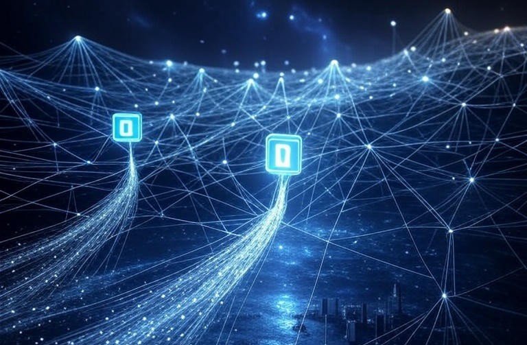 A futuristic photon-based network representing the concept of the Quantum Internet.