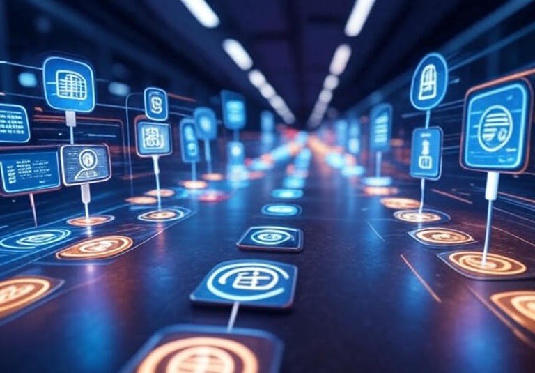 A futuristic digital assembly line where AI and APIs are rapidly integrated into software, representing speed and abstraction over transparency.