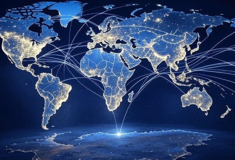 Global quantum internet development efforts, showing connected hubs and satellites over major regions.