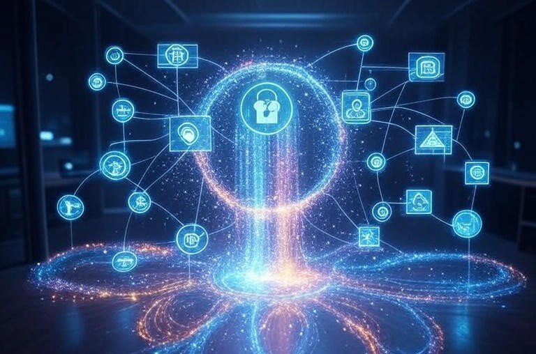 Concept art showing industries connected through secure quantum communication channels.