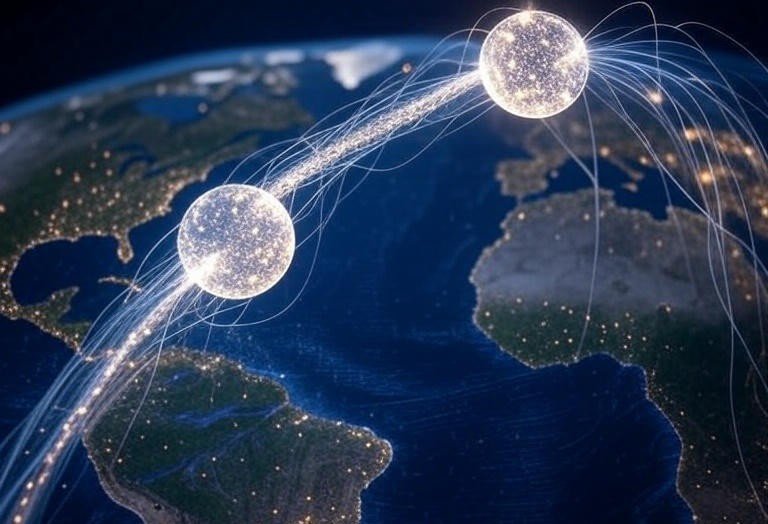 Visual representation of quantum entanglement and photonic transmission in the Quantum Internet.