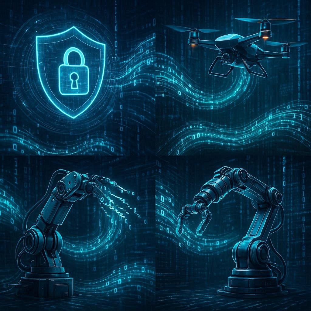 Collage showing adaptive cybersecurity, autonomous drones, and robots powered by self-evolving code
