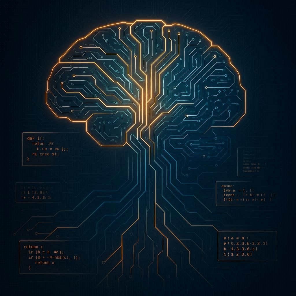 AI brain made of circuits generating multiple evolving code pathways