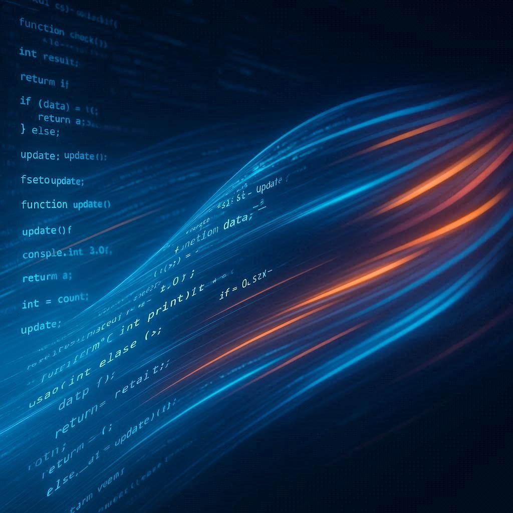 Abstract glowing code transforming and adapting, representing the speed and optimization of self-evolving software