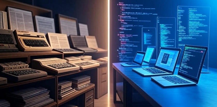 A visual timeline showing the evolution from early programming tools and machines to modern coding environments.