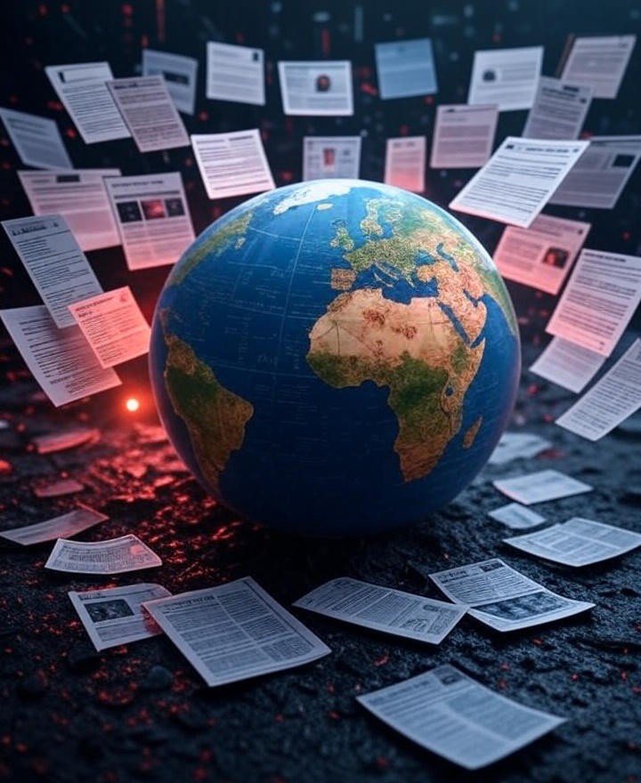 Digital battlefield showing AI-generated misinformation, phishing, and scam bots impacting global networks