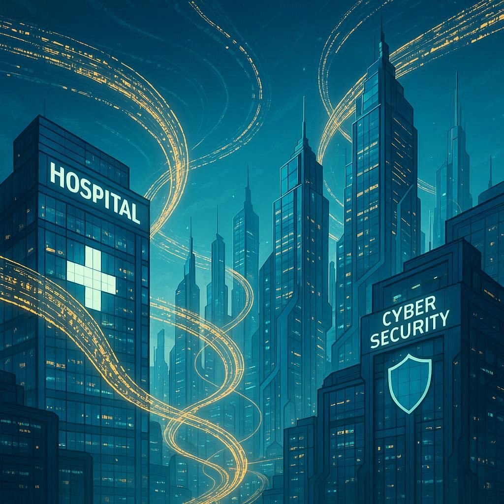 Futuristic city connected by glowing streams of evolving code representing AI-driven software across industries