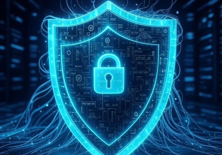 Conceptual illustration of quantum-enhanced cybersecurity combining AI and quantum encryption defenses