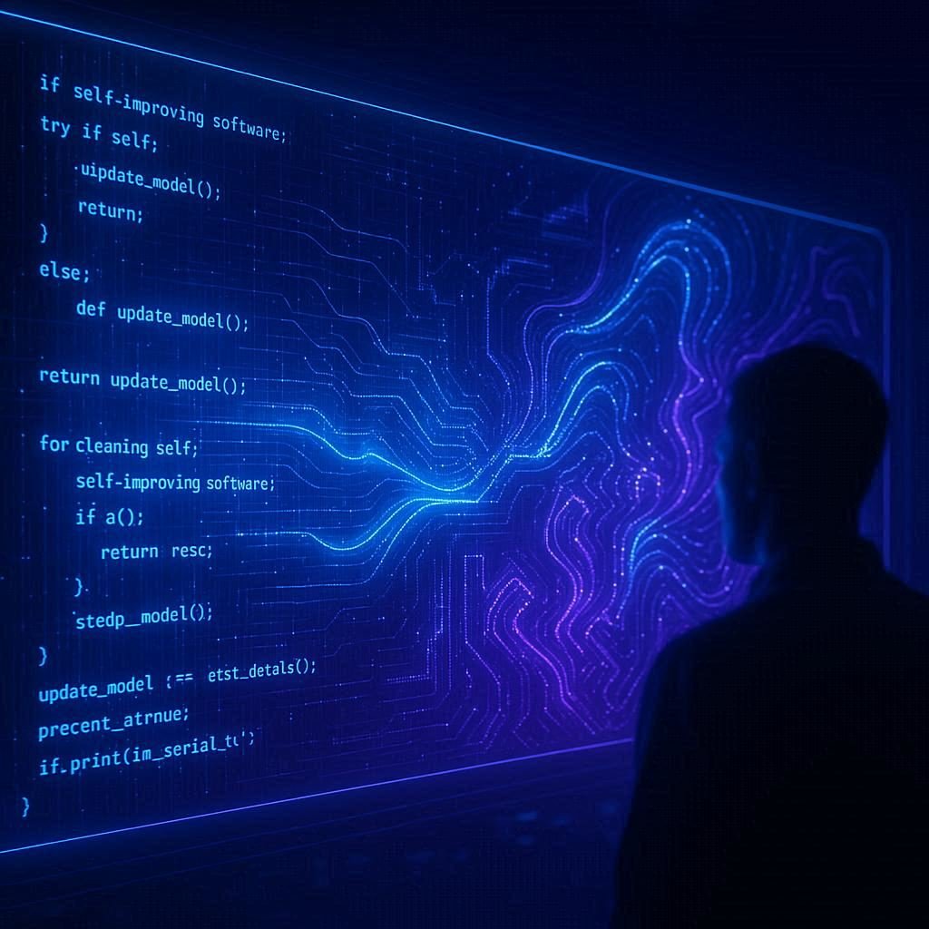 Futuristic AI-generated code evolving and rewriting itself on a holographic display