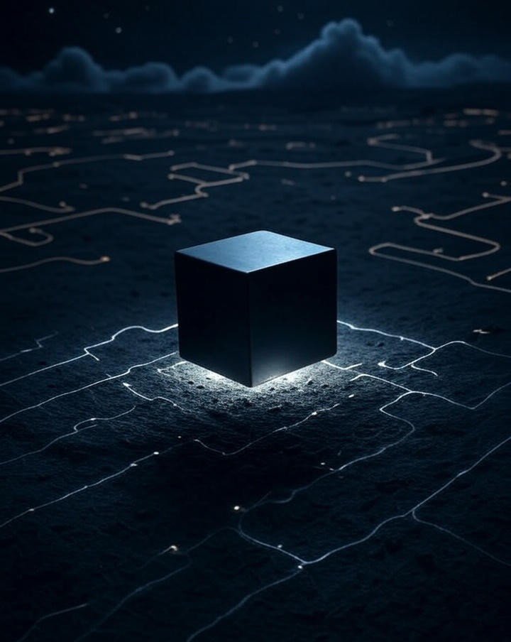 Futuristic black cube floating above a digital landscape representing black box software systems.