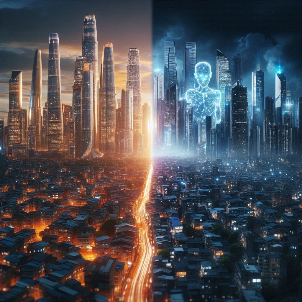 Illustration of economic inequality created by AI automation, showing the divide between wealth and poverty.