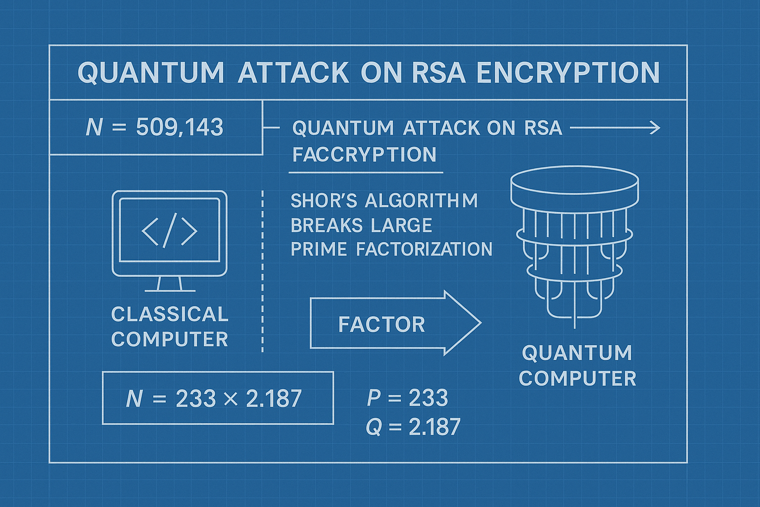 Infographic showing how quantum computers using Shor's algorithm can break traditional RSA encryption