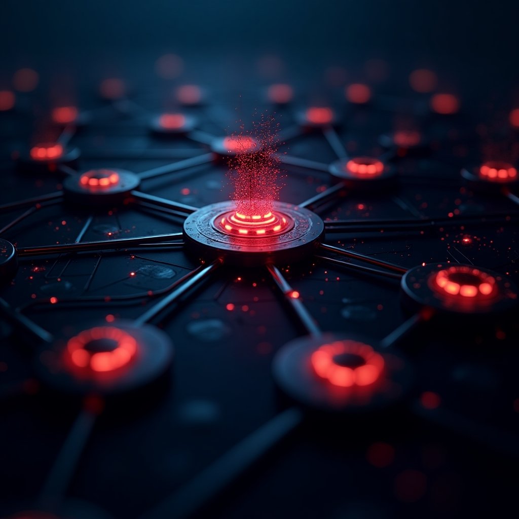 A realistic cybersecurity concept art of a web of interconnected glowing NPM package icons, one node infected with red malicious code spreading like a virus across the network, dark futuristic theme.