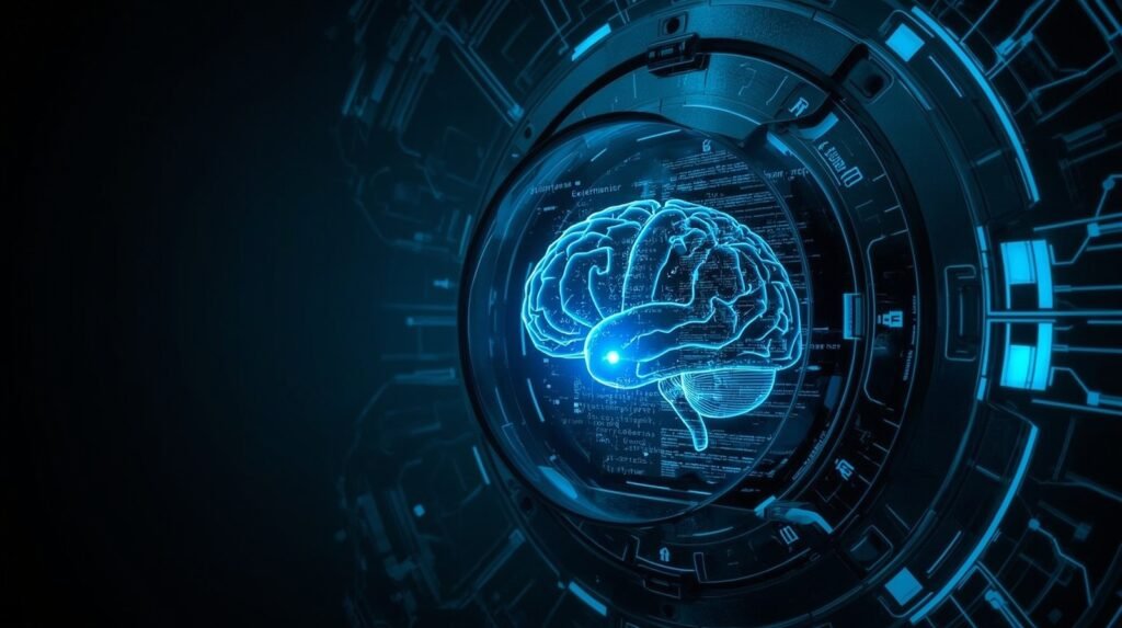 A glowing human brain protected by a digital lock inside a transparent dome, symbolizing privacy and data security challenges of BCIs.