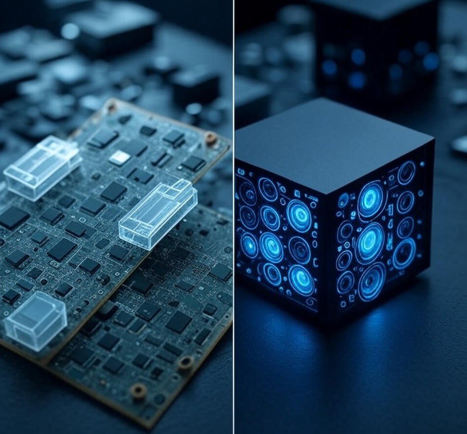 Comparison of an open transparent circuit board vs a sealed black cube system, illustrating visible vs invisible software logic.