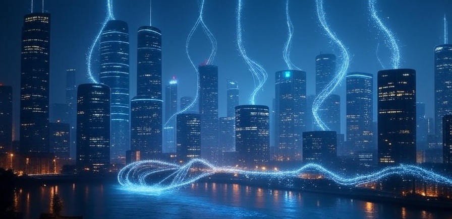 Artistic depiction of quantum-secure communication streams flowing through a futuristic city network.