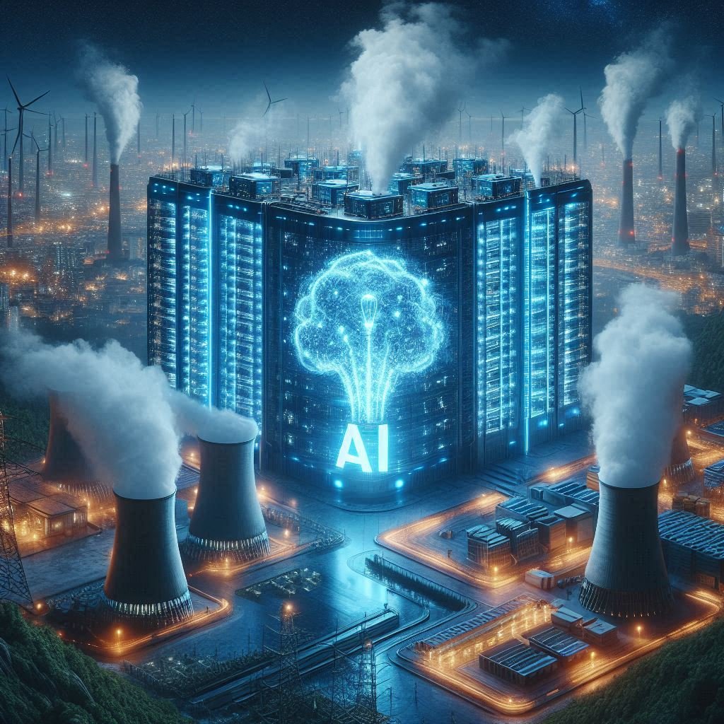 Massive AI data center consuming energy and resources, representing the environmental impact of automation.