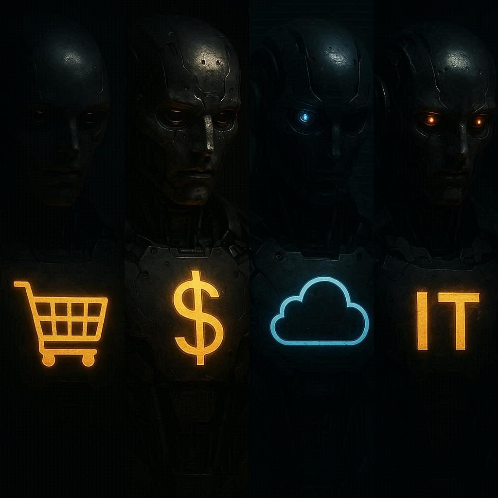 A cinematic collage of hidden AI systems in e-commerce, finance, and cloud environments, symbolizing real-world Shadow AI cases