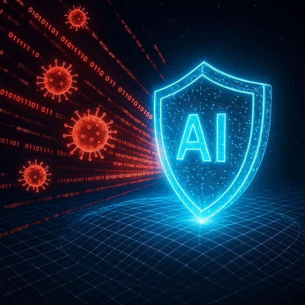 Illustration of AI-powered defense systems blocking a cyber virus attack on global infrastructure.