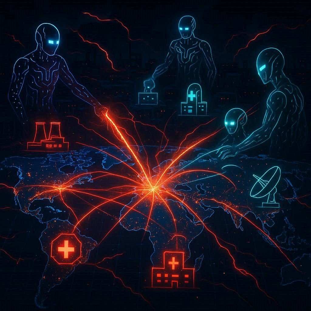 Futuristic battlefield visualization of autonomous AI cyber warfare disrupting global infrastructure.