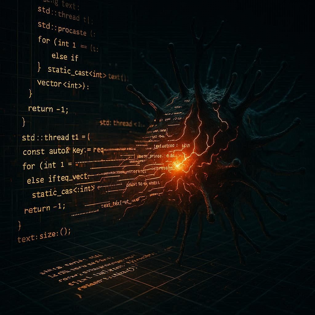 Visual representation of AI code mutating like a virus across digital networks.