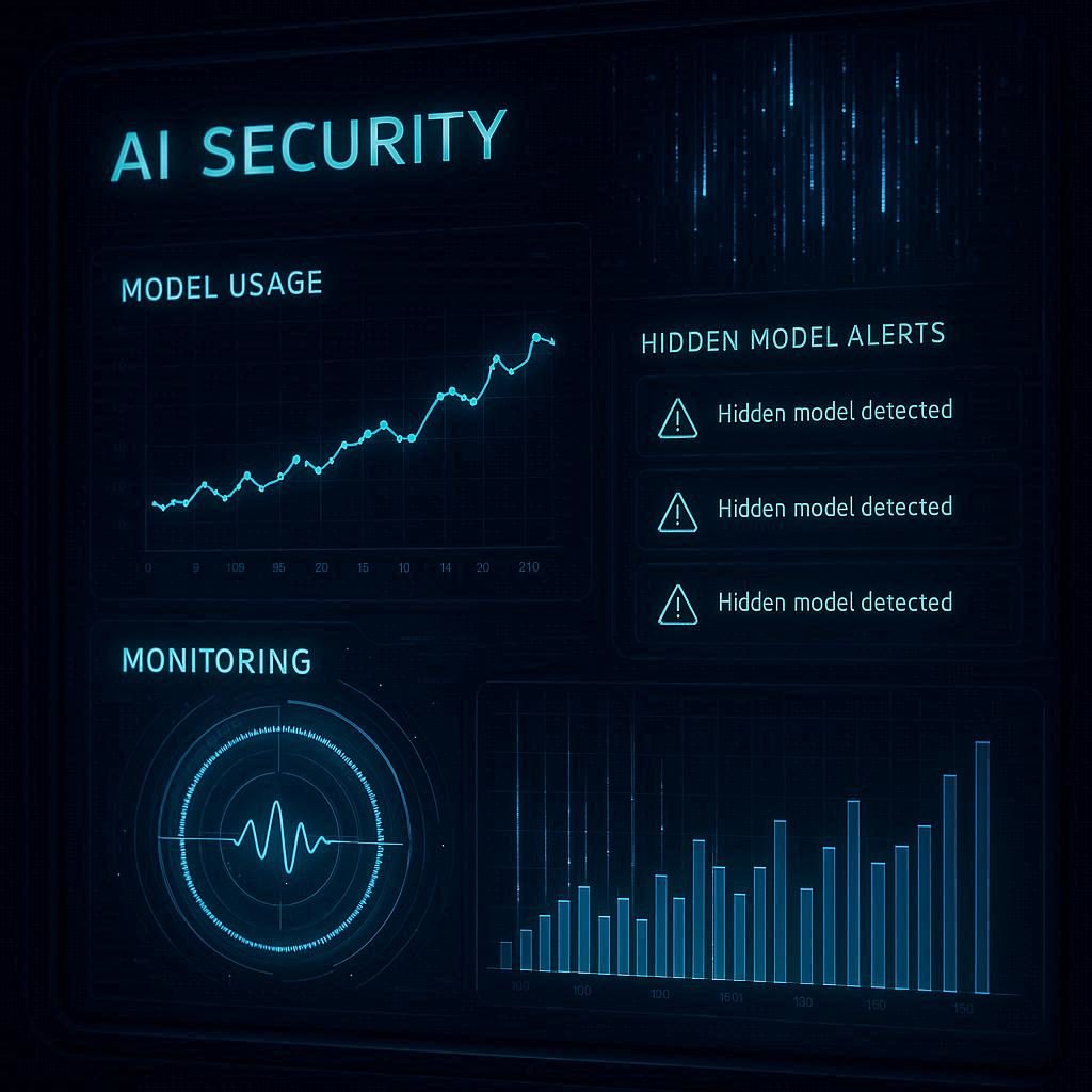 Futuristic AI monitoring dashboard detecting hidden machine learning models in production