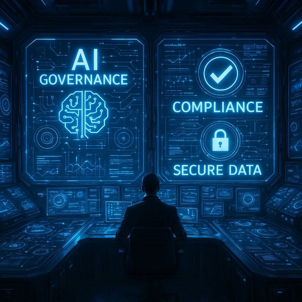 Futuristic AI governance control center managing and securing machine learning models