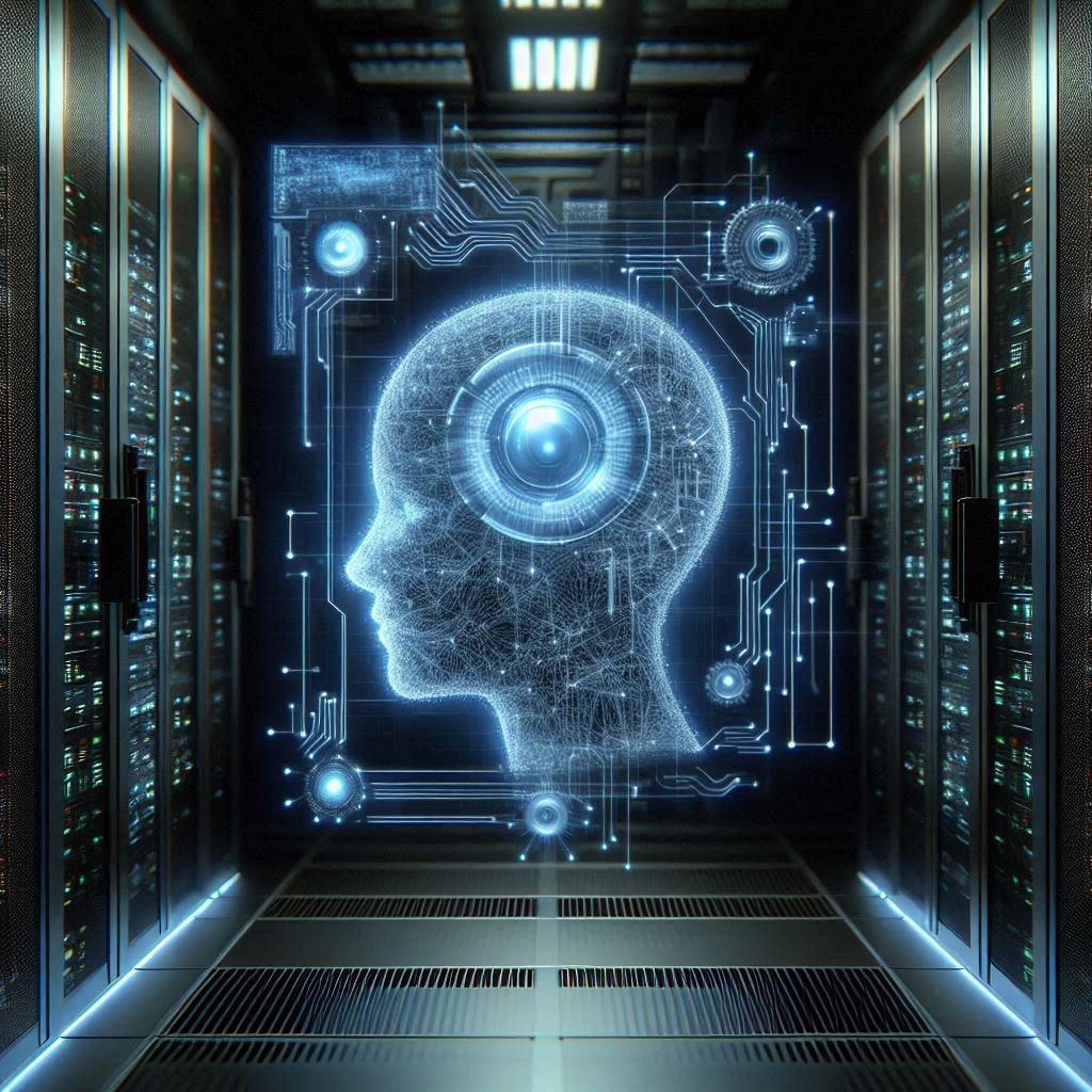Futuristic server room with ghostly holographic AI models symbolizing Shadow AI running behind the scenes