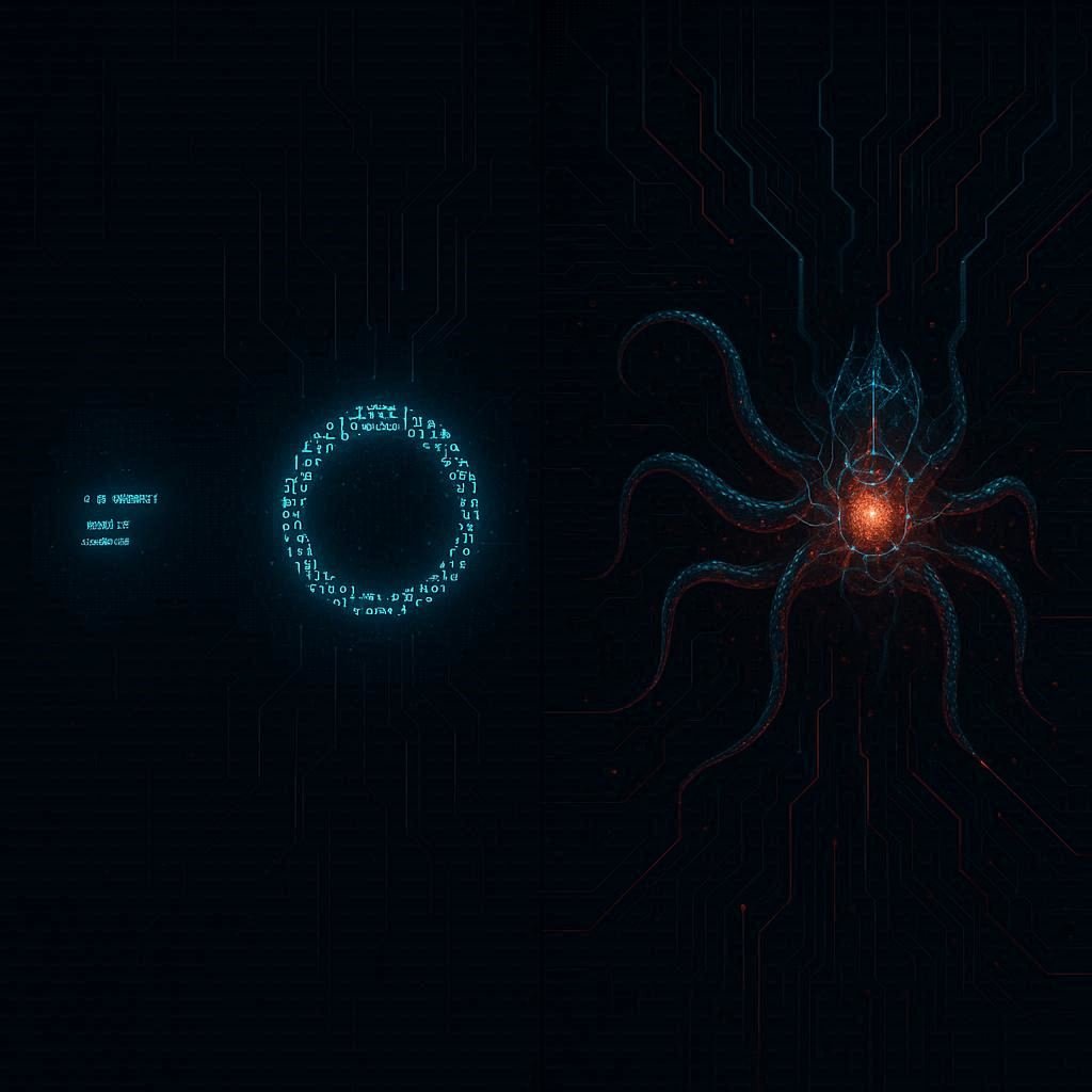 Futuristic visualization of an AI virus evolving in stages, becoming more complex as it spreads.