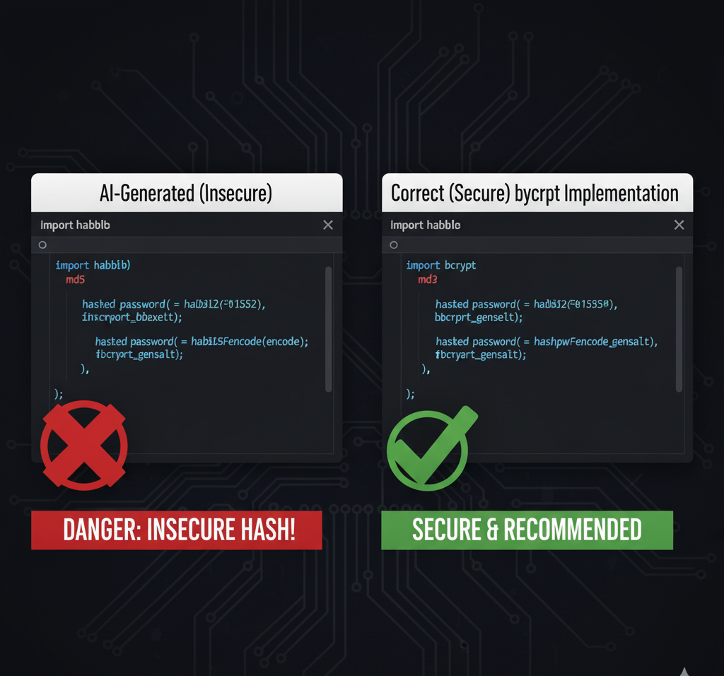 A side-by-side comparison showing an AI suggestion using md5 for password hashing (insecure) vs. the correct bcrypt implementation